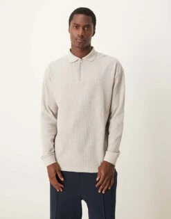 New Look Textured Long Sleeve Polo Shirt -Look Espn Store 207331315 1 stone