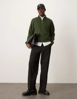 New Look 1/4 Zip Funnel Neck Sweatshirt In Dark Green For Men