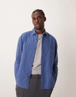 New Look Fine Stripe Oversized Shirt In Mid Blue For Men -Look Espn Store 207444679 1 midblue 1