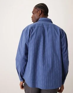 New Look Fine Stripe Oversized Shirt In Mid Blue For Men -Look Espn Store 207444679 3
