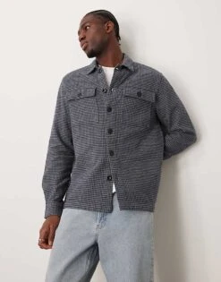 New Look Houndstooth Check Overshirt In Mid Grey For Men