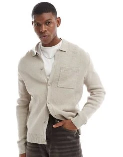 New Look Knitted Pocket Detail Cardigan In Stone For Men