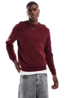 New Look Premium Heavyweight Cotton Jumper In Burgundy For Men