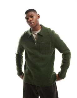 New Look Brushed Knit Zip Polo In Dark Green For Men -Look Espn Store 207689671 1 darkgreen 1