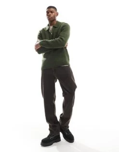 New Look Brushed Knit Zip Polo In Dark Green For Men -Look Espn Store 207689671 3