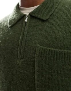 New Look Brushed Knit Zip Polo In Dark Green For Men -Look Espn Store 207689671 4