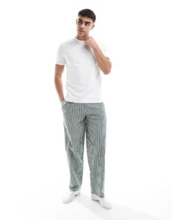 New Look Woven Stripe Pyjama And T-shirt Set In Khaki For Men Khaki Stripe