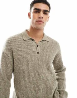 New Look Fisherman Knit Polo In Olive For Men Smokey Olive