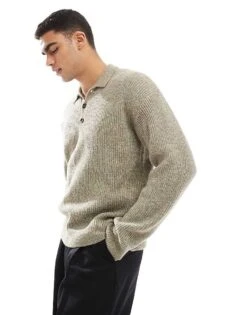 New Look Fisherman Knit Polo In Olive For Men Smokey Olive -Look Espn Store 207689720 3