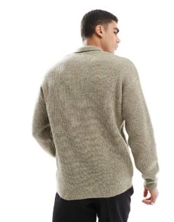 New Look Fisherman Knit Polo In Olive For Men Smokey Olive -Look Espn Store 207689720 4