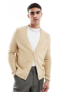 New Look Boucle Cardigan In Oatmeal For Men