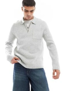 New Look Brushed Knit Zip Polo In Grey Marl For Men -Look Espn Store 207689795 1 greymarl 1