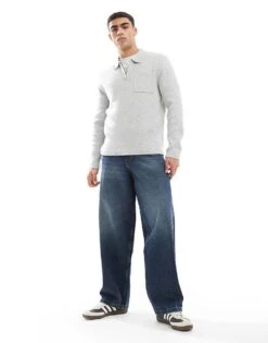 New Look Brushed Knit Zip Polo In Grey Marl For Men -Look Espn Store 207689795 4