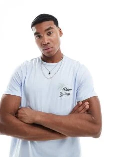 New Look Palm Springs Crew Neck T-shirt In Light Blue For Men