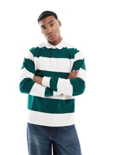 New Look Oversized Stripe Rugby Polo Shirt In Green Pattern For Men -Look Espn Store 207882373 1 green 1