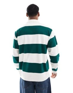 New Look Oversized Stripe Rugby Polo Shirt In Green Pattern For Men -Look Espn Store 207882373 3