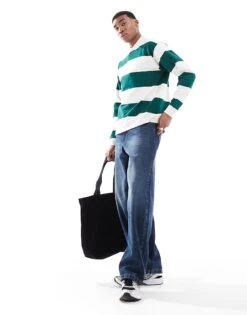 New Look Oversized Stripe Rugby Polo Shirt In Green Pattern For Men -Look Espn Store 207882373 4