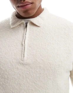 New Look Knitted Textured Polo Jumper In Cream For Men -Look Espn Store 207882528 3