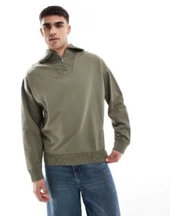New Look 1/4 Zip Rib Neck Jumper In Olive Green For Men