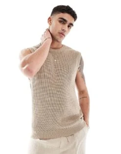 New Look Chunky Knitted Vest In Tan For Men