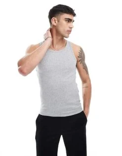 New Look Muscle Fit Ribbed Vest In Grey Marl For Men
