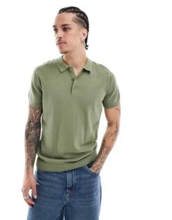 New Look Knitted Polo Short Sleeved Shirt In Khaki For Men