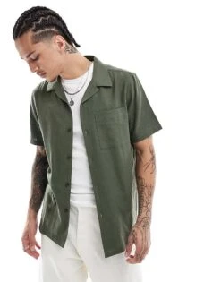 New Look Revere Linen-blend Shirt In Dark Green For Men -Look Espn Store 208290166 1 green 1