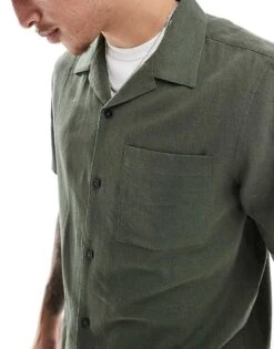 New Look Revere Linen-blend Shirt In Dark Green For Men -Look Espn Store 208290166 3