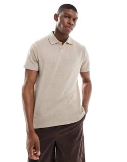 New Look Short Sleeved Textured Polo In Light Brown For Men Grey