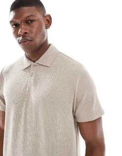 New Look Short Sleeved Textured Polo In Light Brown For Men Grey -Look Espn Store 208293857 3