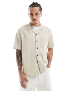 New Look Double Pocket Boxy Linen-blend Shirt In Off White For Men Stone -Look Espn Store 208293859 1 stone 1
