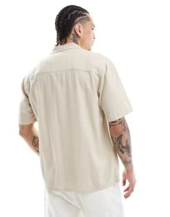 New Look Double Pocket Boxy Linen-blend Shirt In Off White For Men Stone -Look Espn Store 208293859 4
