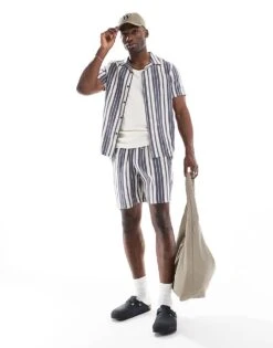 New Look Linen-blend Stripe Co-ord In Navy - NAVY