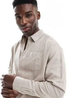 New Look Long Sleeve Floaty Linen-blend Shirt Co-ord In Stone For Men -Look Espn Store 208294899 1 stone 1
