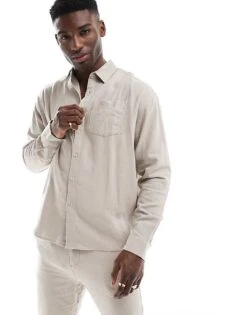 New Look Long Sleeve Floaty Linen-blend Shirt Co-ord In Stone For Men -Look Espn Store 208294899 3