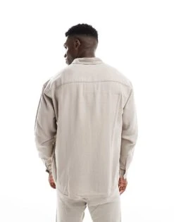New Look Long Sleeve Floaty Linen-blend Shirt Co-ord In Stone For Men -Look Espn Store 208294899 4