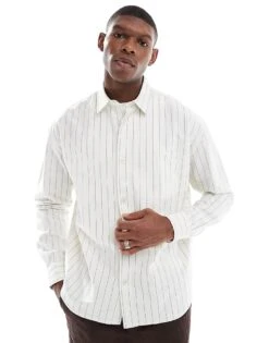 New Look Stripe Oversized Shirt In Off White For Men Oatmeal