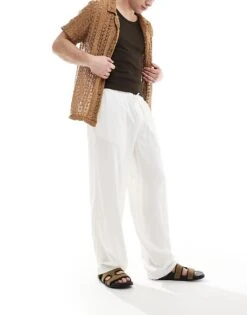 New Look Linen Blend Wide Trouser In Off White For Men Stone