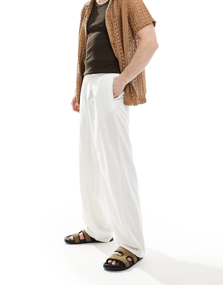 New Look Linen Blend Wide Trouser In Off White For Men Stone 3 New Look Linen Blend Wide Trouser In Off White For Men Stone - Image 3